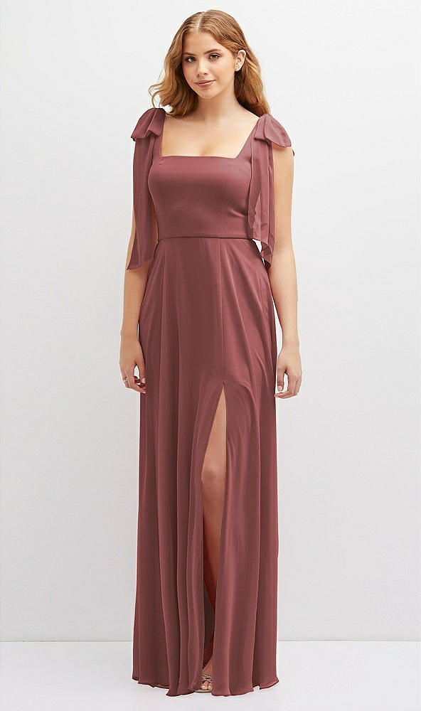 Front View - English Rose Bow Shoulder Square Neck Chiffon Maxi Dress