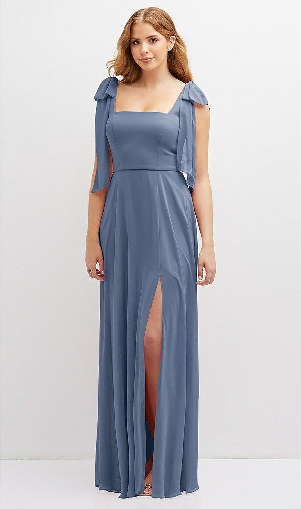 Front View - Larkspur Blue Bow Shoulder Square Neck Chiffon Maxi Dress