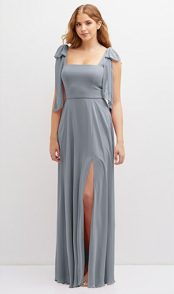 Front View - Platinum Bow Shoulder Square Neck Chiffon Maxi Dress