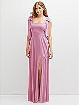 Front View Thumbnail - Powder Pink Bow Shoulder Square Neck Chiffon Maxi Dress