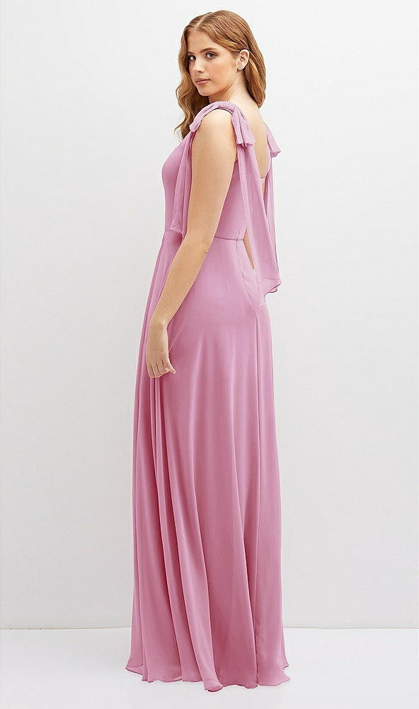 Back View - Powder Pink Bow Shoulder Square Neck Chiffon Maxi Dress