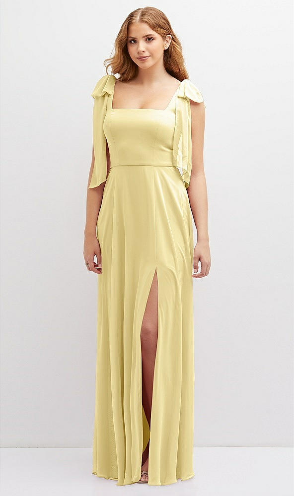 Front View - Pale Yellow Bow Shoulder Square Neck Chiffon Maxi Dress