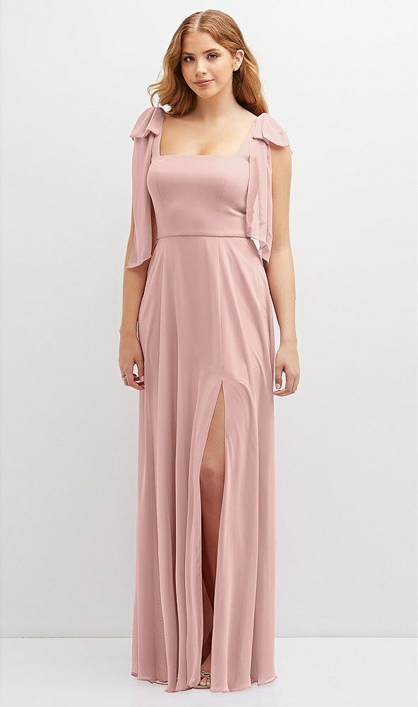 Front View - Rose - PANTONE Rose Quartz Bow Shoulder Square Neck Chiffon Maxi Dress