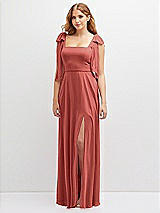 Front View Thumbnail - Coral Pink Bow Shoulder Square Neck Chiffon Maxi Dress