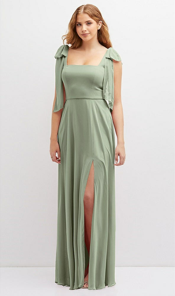 Front View - Sage Bow Shoulder Square Neck Chiffon Maxi Dress