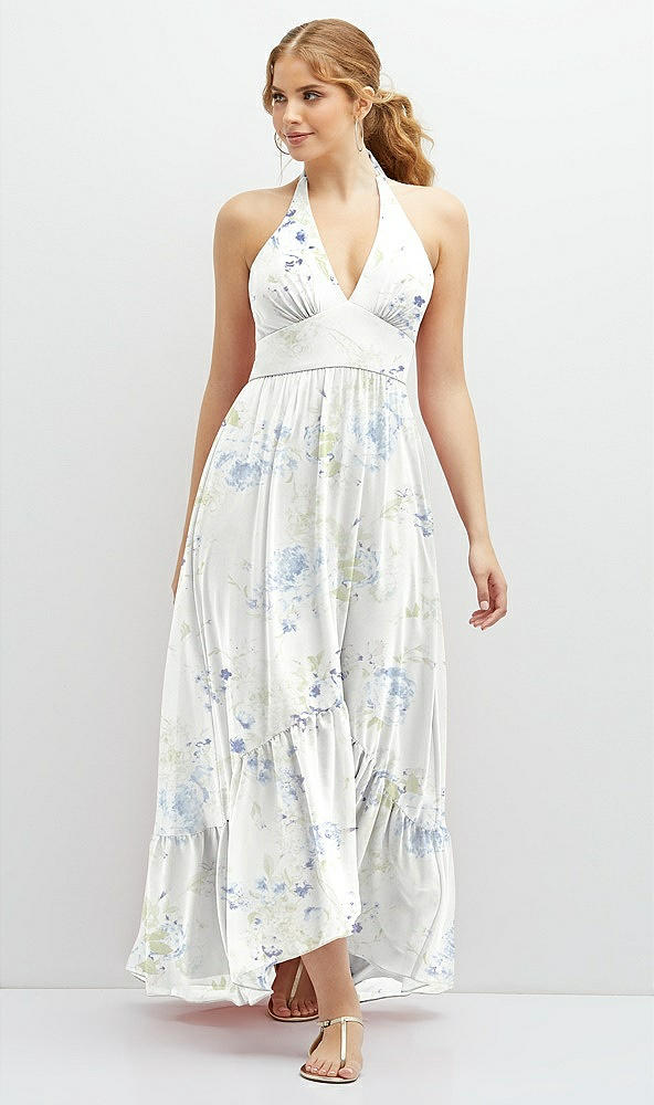 Front View - Bleu Garden Chiffon Halter High-Low Dress with Deep Ruffle Hem