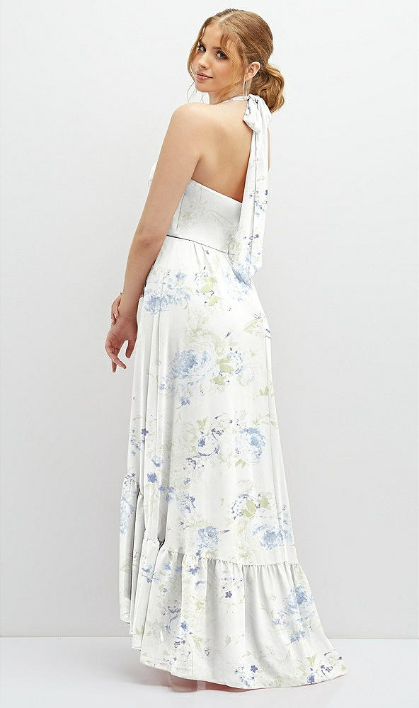 Back View - Bleu Garden Chiffon Halter High-Low Dress with Deep Ruffle Hem