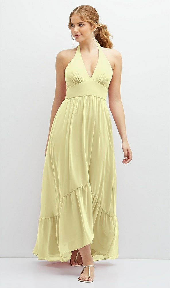 Front View - Butter Yellow Chiffon Halter High-Low Dress with Deep Ruffle Hem