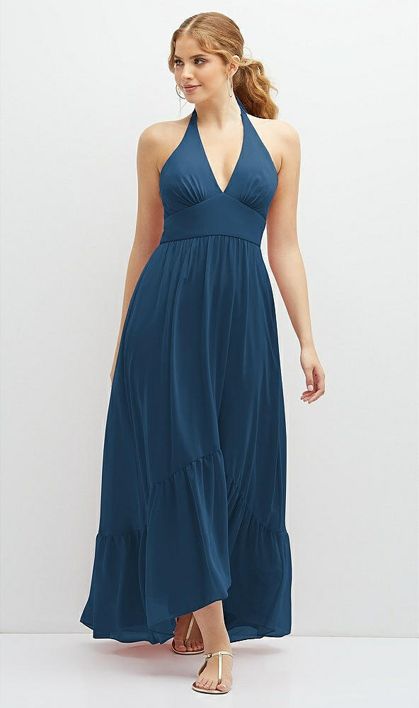 Front View - Dusk Blue Chiffon Halter High-Low Dress with Deep Ruffle Hem