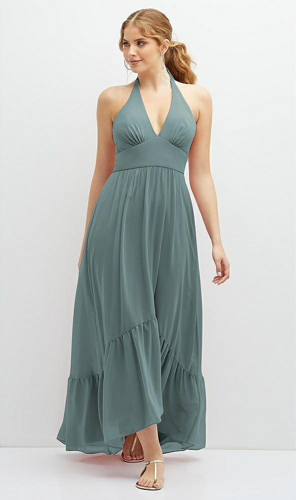 Front View - Icelandic Chiffon Halter High-Low Dress with Deep Ruffle Hem