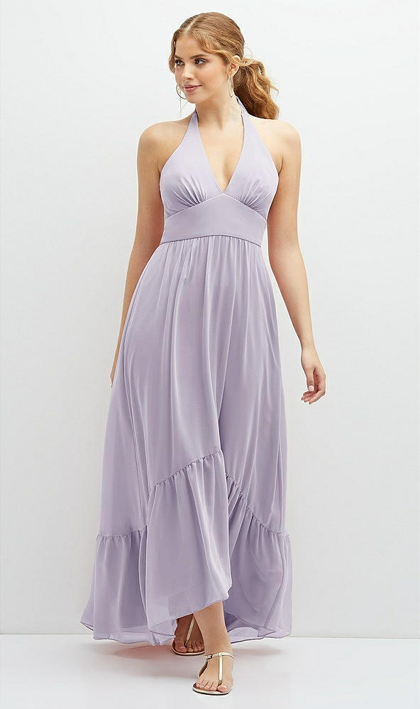 Front View - Moondance Chiffon Halter High-Low Dress with Deep Ruffle Hem