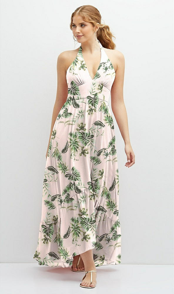 Front View - Palm Beach Print Chiffon Halter High-Low Dress with Deep Ruffle Hem