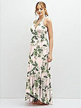 Side View Thumbnail - Palm Beach Print Chiffon Halter High-Low Dress with Deep Ruffle Hem