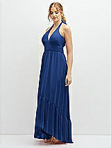 Side View Thumbnail - Classic Blue Chiffon Halter High-Low Dress with Deep Ruffle Hem