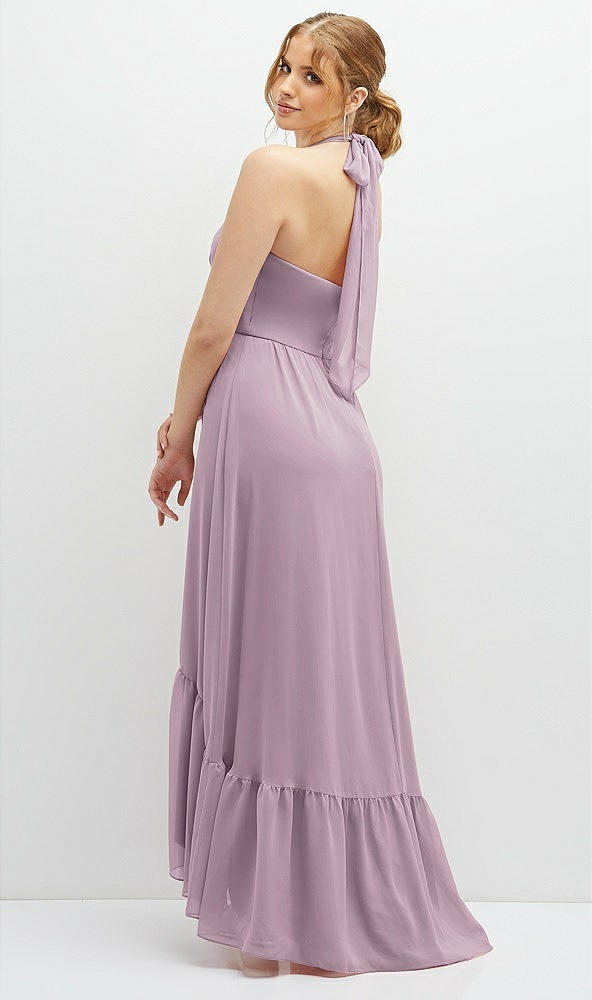 Back View - Suede Rose Chiffon Halter High-Low Dress with Deep Ruffle Hem