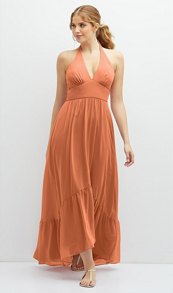 Front View - Sweet Melon Chiffon Halter High-Low Dress with Deep Ruffle Hem