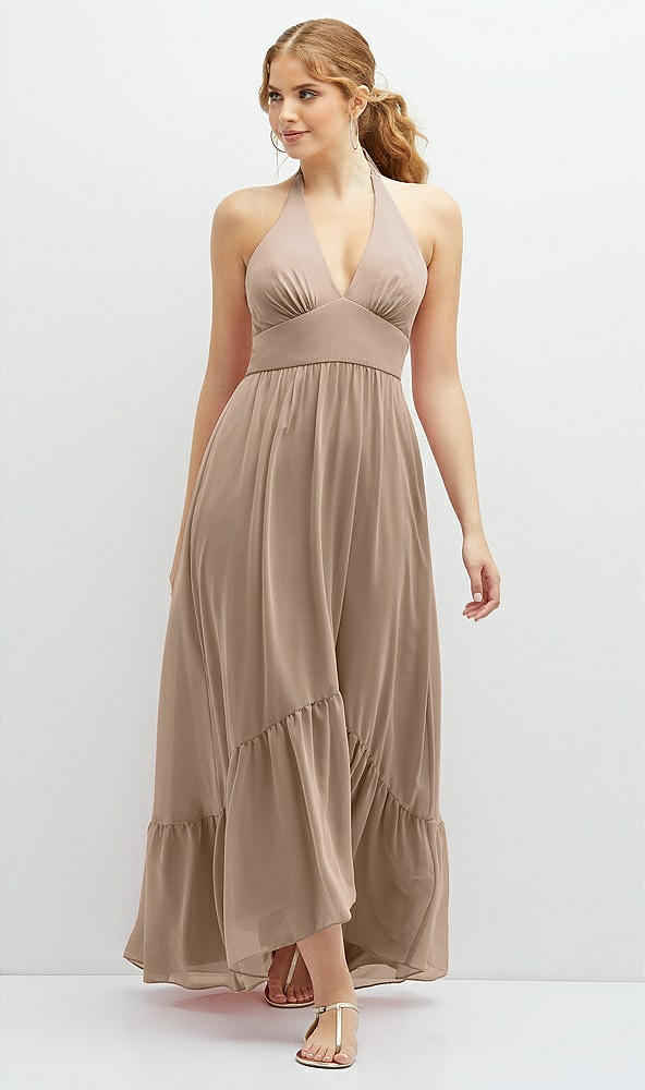 Front View - Topaz Chiffon Halter High-Low Dress with Deep Ruffle Hem