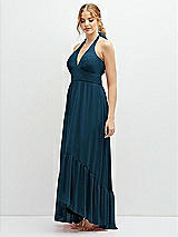 Side View Thumbnail - Atlantic Blue Chiffon Halter High-Low Dress with Deep Ruffle Hem