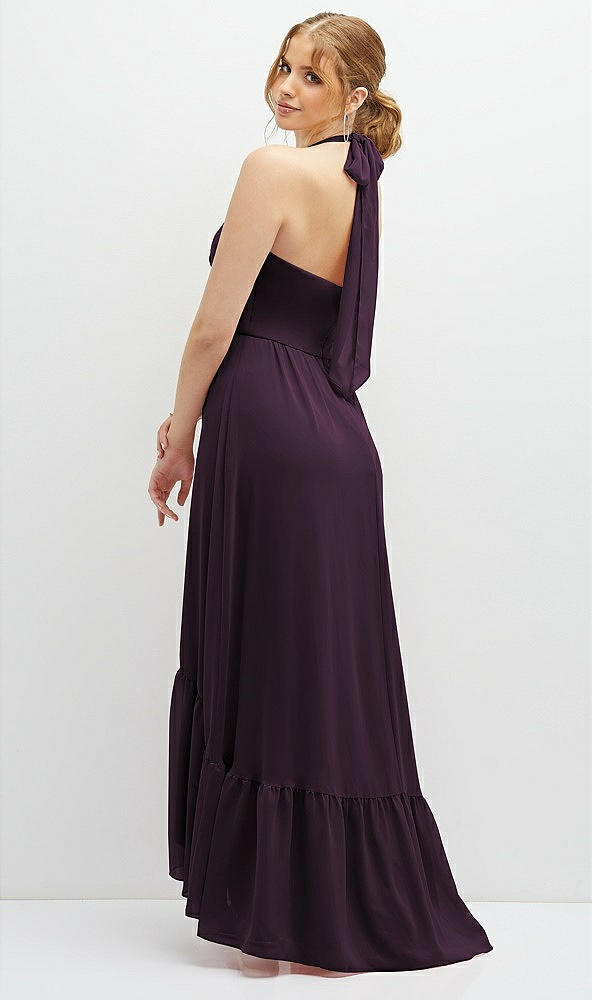 Back View - Aubergine Chiffon Halter High-Low Dress with Deep Ruffle Hem