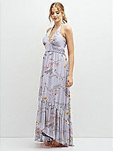 Side View Thumbnail - Butterfly Botanica Silver Dove Chiffon Halter High-Low Dress with Deep Ruffle Hem