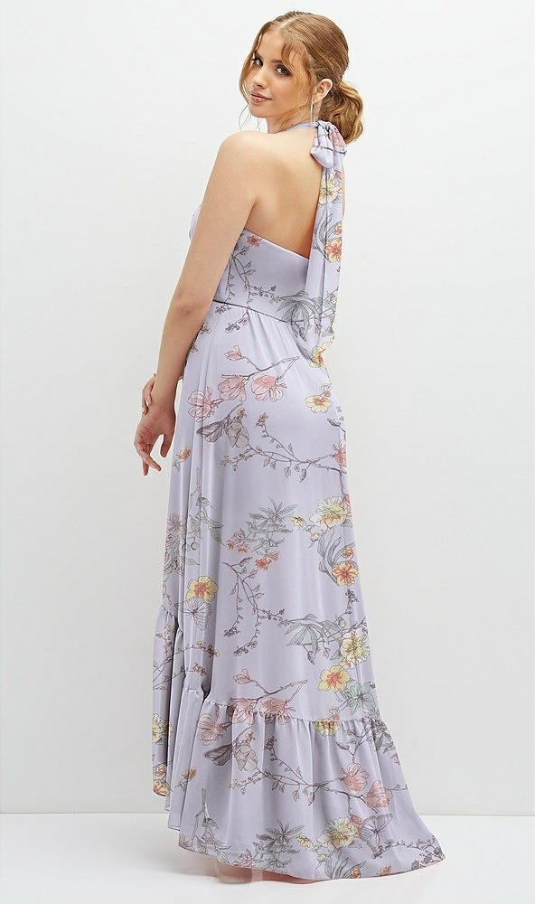 Back View - Butterfly Botanica Silver Dove Chiffon Halter High-Low Dress with Deep Ruffle Hem