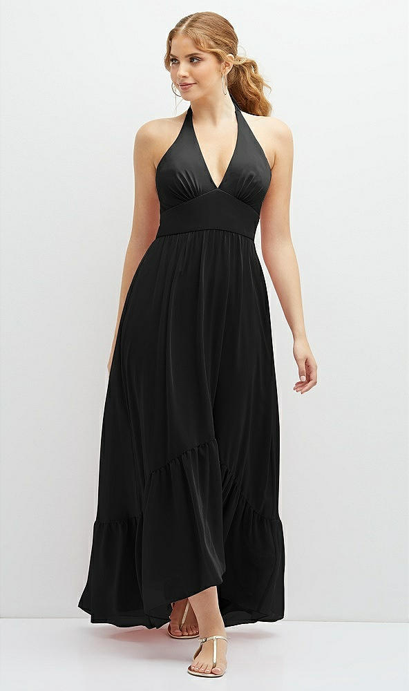 Front View - Black Chiffon Halter High-Low Dress with Deep Ruffle Hem