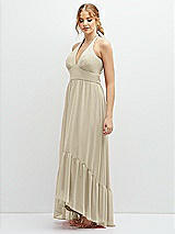 Side View Thumbnail - Champagne Chiffon Halter High-Low Dress with Deep Ruffle Hem