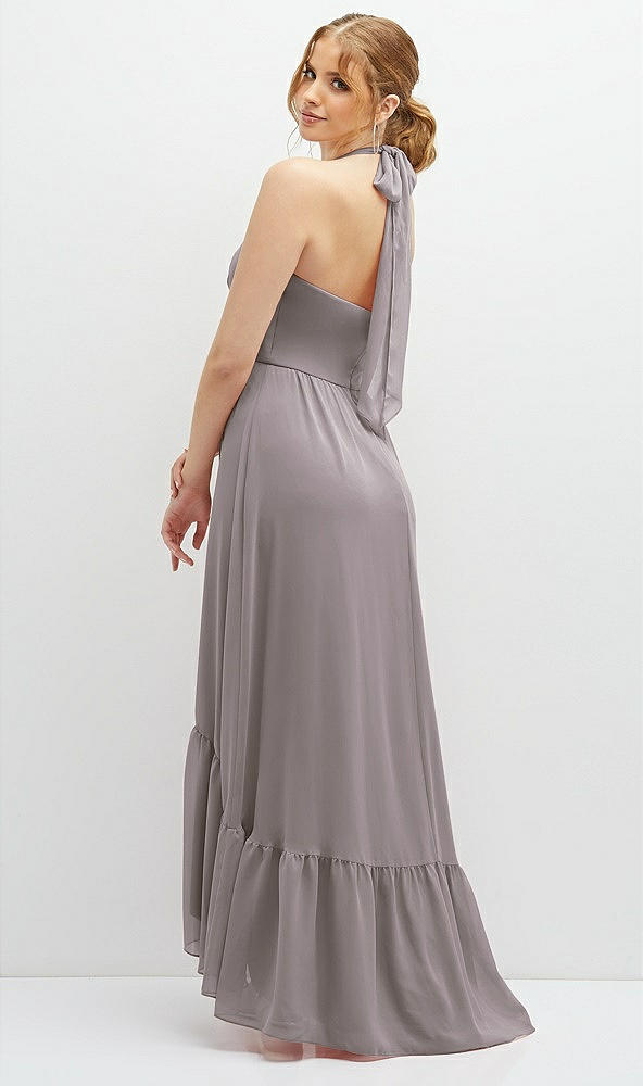 Back View - Cashmere Gray Chiffon Halter High-Low Dress with Deep Ruffle Hem