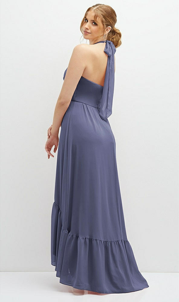 Back View - French Blue Chiffon Halter High-Low Dress with Deep Ruffle Hem