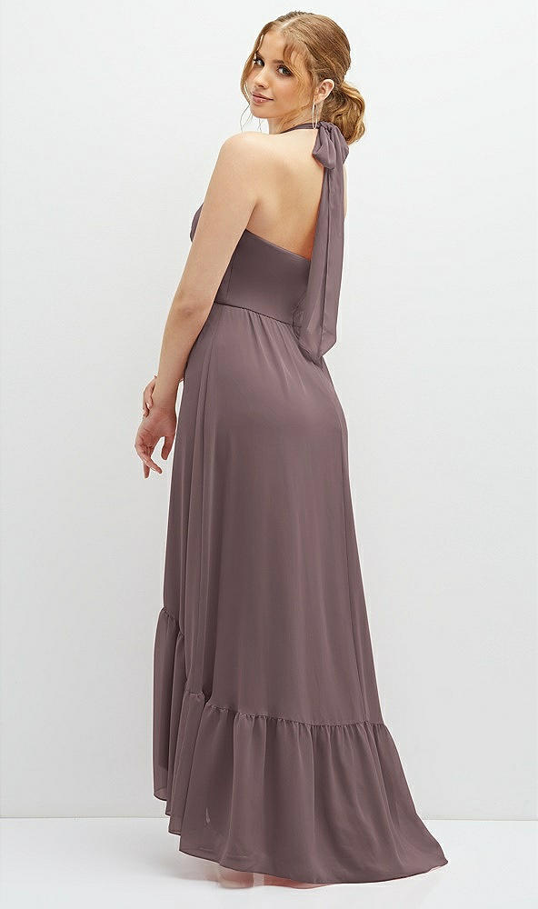 Back View - French Truffle Chiffon Halter High-Low Dress with Deep Ruffle Hem