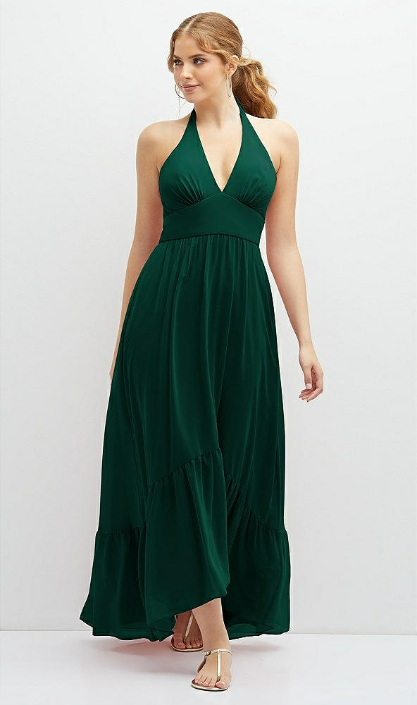 Front View - Hunter Green Chiffon Halter High-Low Dress with Deep Ruffle Hem