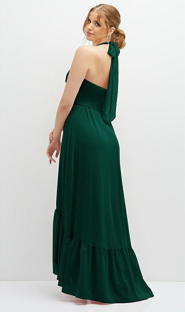 Back View - Hunter Green Chiffon Halter High-Low Dress with Deep Ruffle Hem