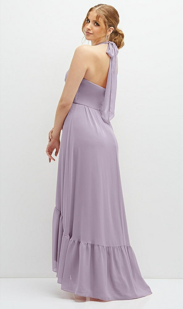 Back View - Lilac Haze Chiffon Halter High-Low Dress with Deep Ruffle Hem