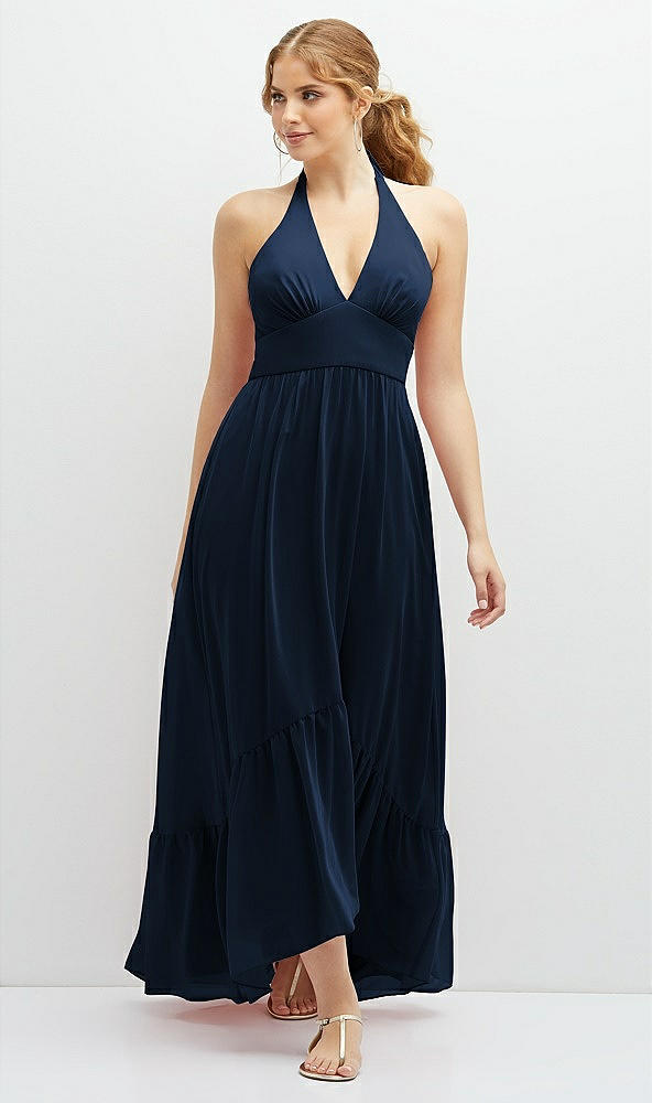 Front View - Midnight Navy Chiffon Halter High-Low Dress with Deep Ruffle Hem