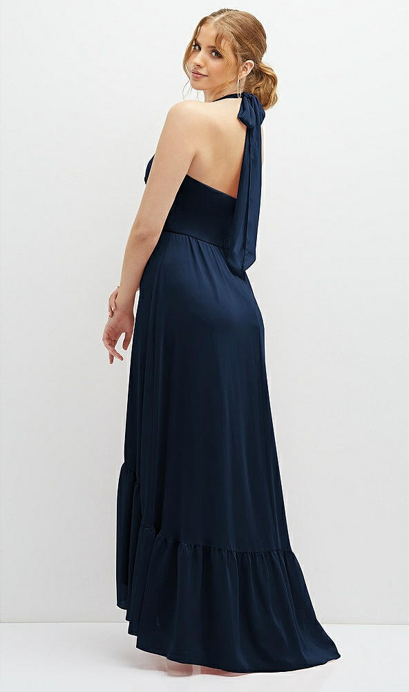 Back View - Midnight Navy Chiffon Halter High-Low Dress with Deep Ruffle Hem