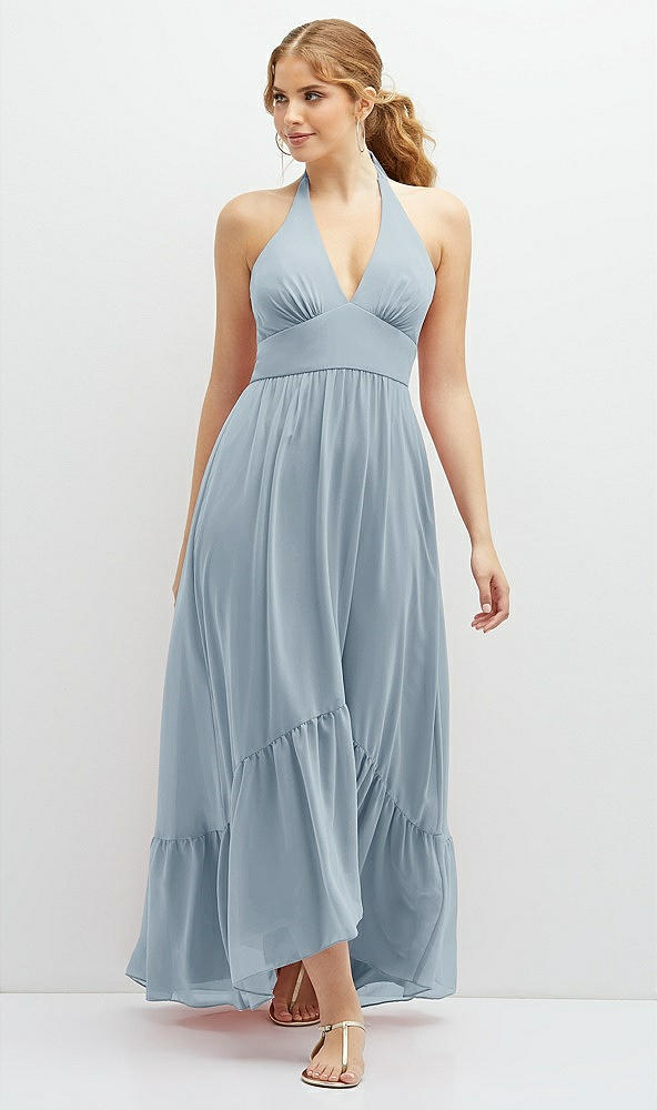 Front View - Mist Chiffon Halter High-Low Dress with Deep Ruffle Hem