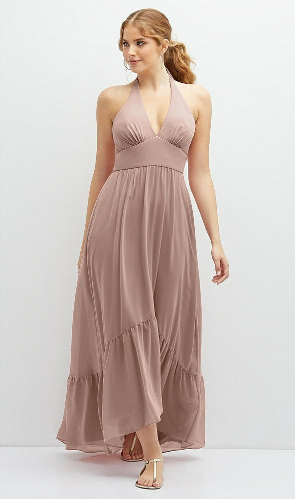 Front View - Neu Nude Chiffon Halter High-Low Dress with Deep Ruffle Hem