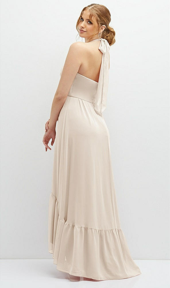 Back View - Oat Chiffon Halter High-Low Dress with Deep Ruffle Hem