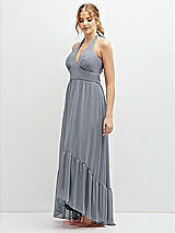 Side View Thumbnail - Platinum Chiffon Halter High-Low Dress with Deep Ruffle Hem