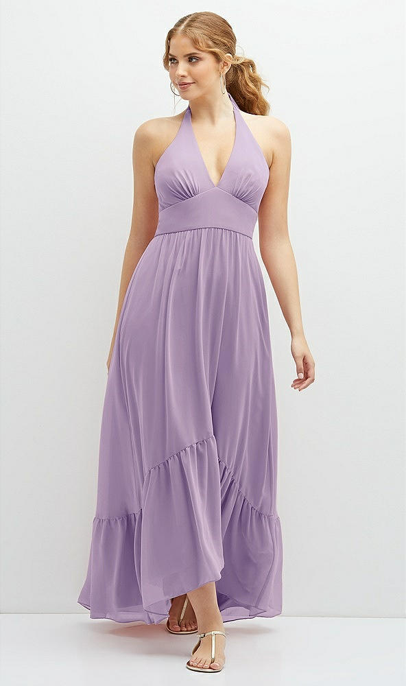 Front View - Pale Purple Chiffon Halter High-Low Dress with Deep Ruffle Hem