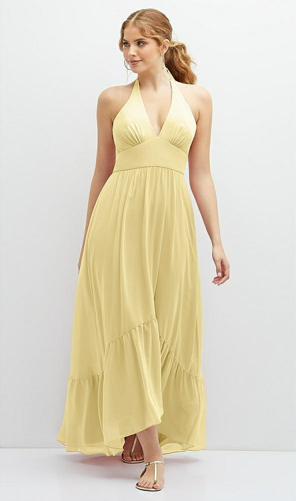 Front View - Pale Yellow Chiffon Halter High-Low Dress with Deep Ruffle Hem