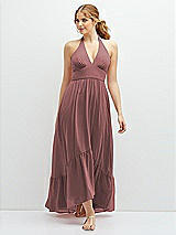 Front View Thumbnail - Rosewood Chiffon Halter High-Low Dress with Deep Ruffle Hem