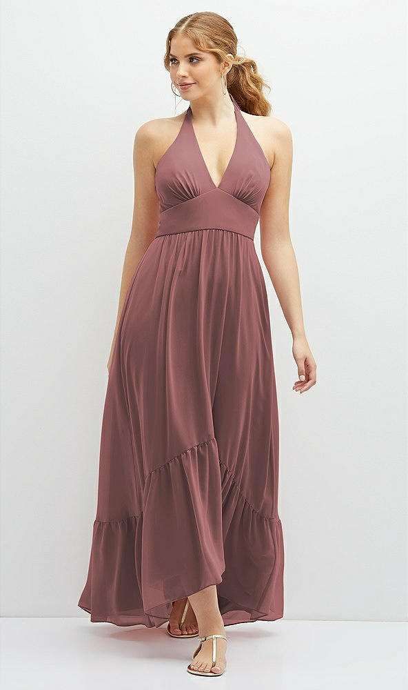 Front View - Rosewood Chiffon Halter High-Low Dress with Deep Ruffle Hem