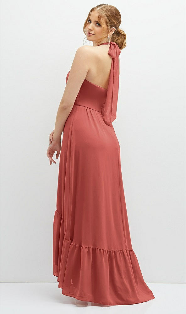 Back View - Coral Pink Chiffon Halter High-Low Dress with Deep Ruffle Hem