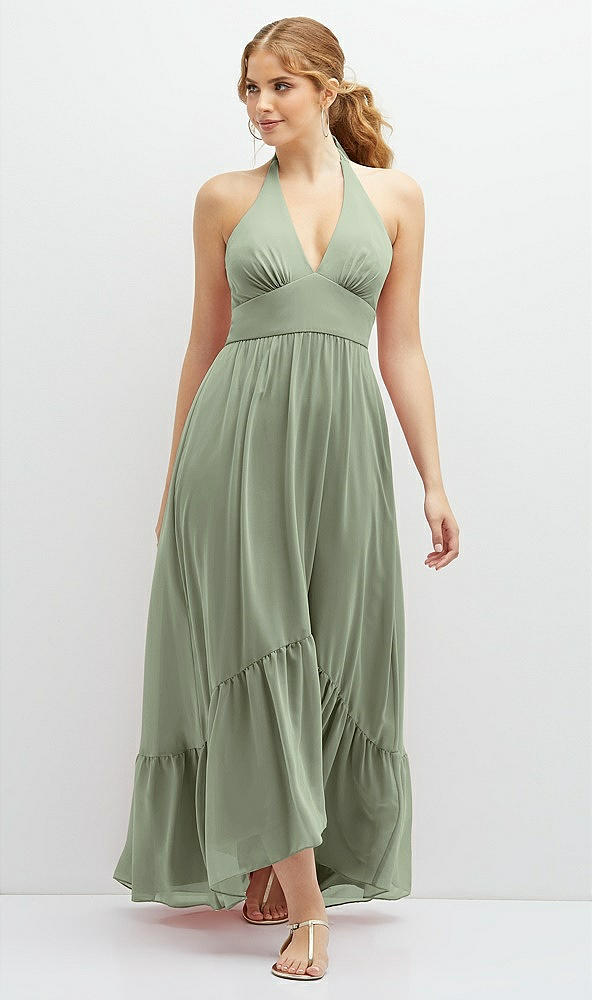 Front View - Sage Chiffon Halter High-Low Dress with Deep Ruffle Hem