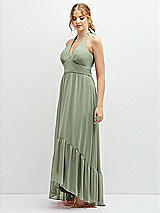 Side View Thumbnail - Sage Chiffon Halter High-Low Dress with Deep Ruffle Hem