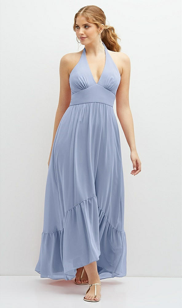 Front View - Sky Blue Chiffon Halter High-Low Dress with Deep Ruffle Hem