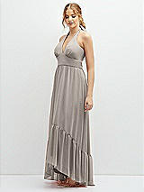 Side View Thumbnail - Taupe Chiffon Halter High-Low Dress with Deep Ruffle Hem