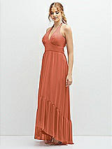 Side View Thumbnail - Terracotta Copper Chiffon Halter High-Low Dress with Deep Ruffle Hem