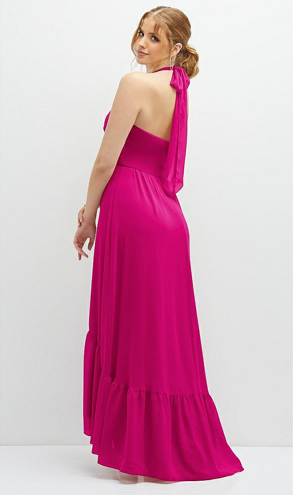 Back View - Think Pink Chiffon Halter High-Low Dress with Deep Ruffle Hem